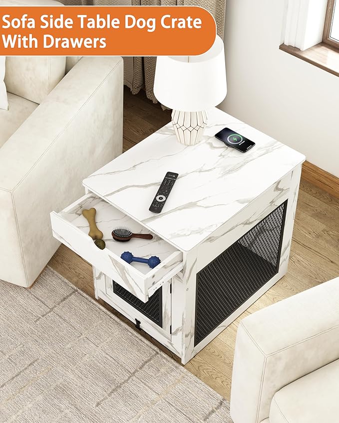 Piskyet Dog Crate Furniture,Wooden Dog Crate End Table with Storage Drawer&Cushion&Tray, QC3.0 Wireless Charging,Dual USB,Small Dogs Marble White