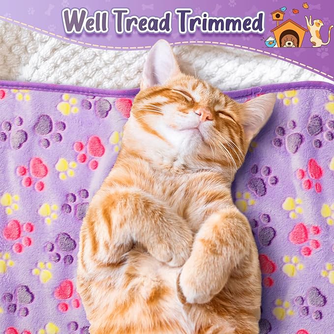 Tatuo 4 Pcs Dog Blanket for Pet Cat Blankets Indoor Puppy Teething Stuff Toys Paw Print Fleece Blanket Warm Sleep Mat for Guinea Pig Cage(Purple,Medium(30 x 20.5 Inch),Square)
