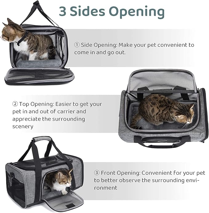 Wakytu TSA Approved Pet Carrier for Small Cats Dogs, Travel Bag with Adequate Ventilation, 5 Mesh Windows, 3 Entrance, Locking Safety Zippers, Padded Shoulder and Carrying Strap, Small