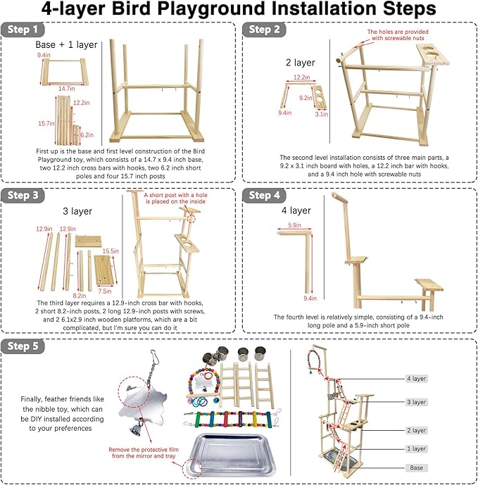 Hamiledyi Natural Wood Bird Playground Stand with 4 Large Layers - Exercise Perch and Wooden Foraging Puzzle Toys