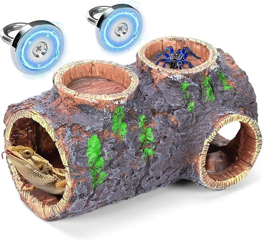 MECESOR Magnetic Reptile Hide with Waterer & Feeder Trough,Resin Hollow Tree Gecko Hideout Cave,Non-Toxic Climbing Toy Terrarium Decor for Green Anole,Tree Frog Climbing Accessories,Grey