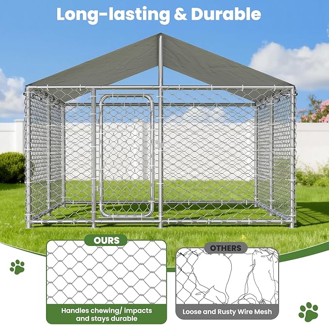 7.8' x 7.8' Heavy-Duty Outdoor Dog Kennel with Waterproof Cover, UV-Resistant Roof, Secure Locking Mechanism for Large Dogs, Metal Enclosure for All Weather Conditions(90x90x63IN)