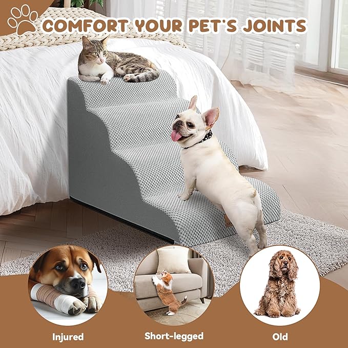 Zerbuger Dog Ramp and Stair for Bed 16" H-20 H,3-Step Cat Stair for Sofa and Chair,4-Step Dog Ramp for High Bed and Window,Durable Nonslip Fabric Cover for Indoor (Light Grey-20 H, Pet Friendly, 4)