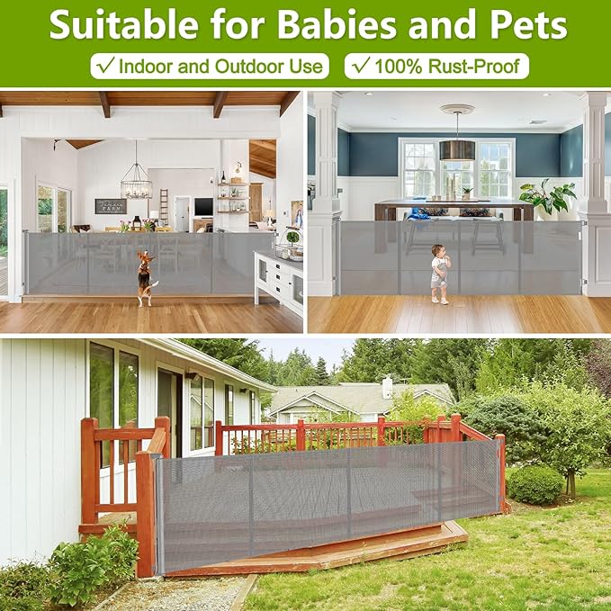 Reinforced 42" Tall Baby Gates for Dogs with Support Rods - Prevent Crawling Under, 175" Extra Wide Baby Gates for Large Openings, Tall Retractable Gate Indoor Large Dog Gate Outdoor Deck Gate, Gray