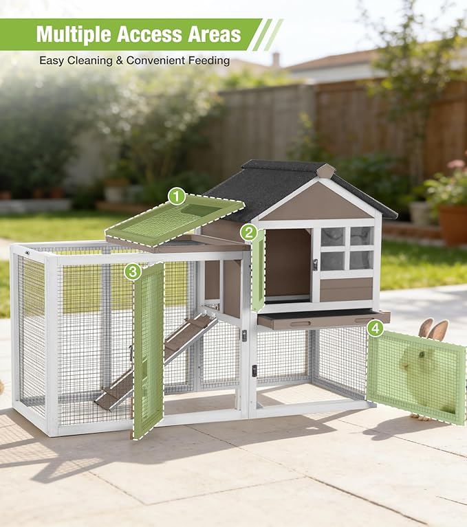 GUTINNEEN Rabbit Hutch Outdoor Rabbit Cage Indoor 51.6" L Waterproof Bunny Cage with Chew-Proof Ramp and Lockable Doors for Indoor Outdoor Use Brown