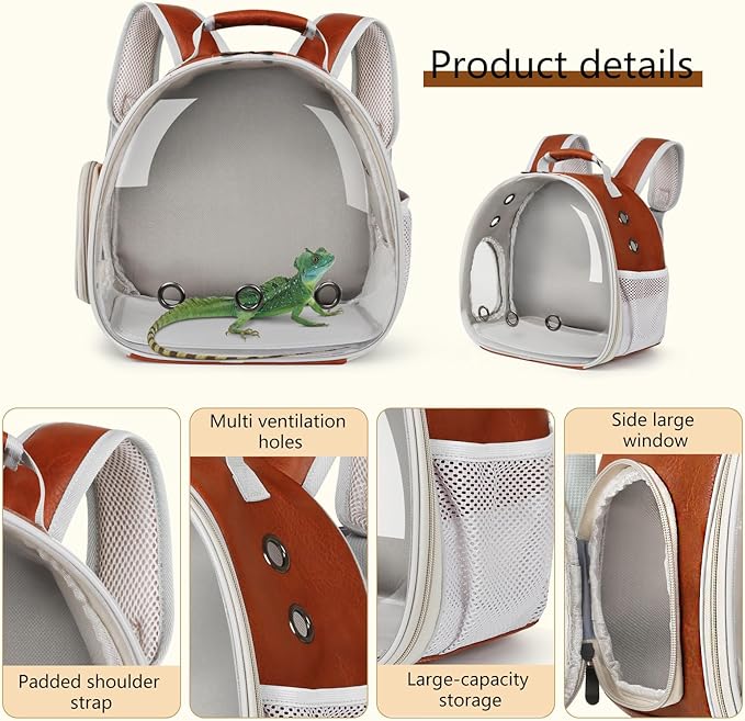 Bearded Dragon Carrier Backpack with Two Security Printing Harness with Leash Sets, Reptile Lizard Travel Bag to Carry and Transport Small Animal Kitten Bunny Guinea Pig to Vet(Brown, PU Leather)
