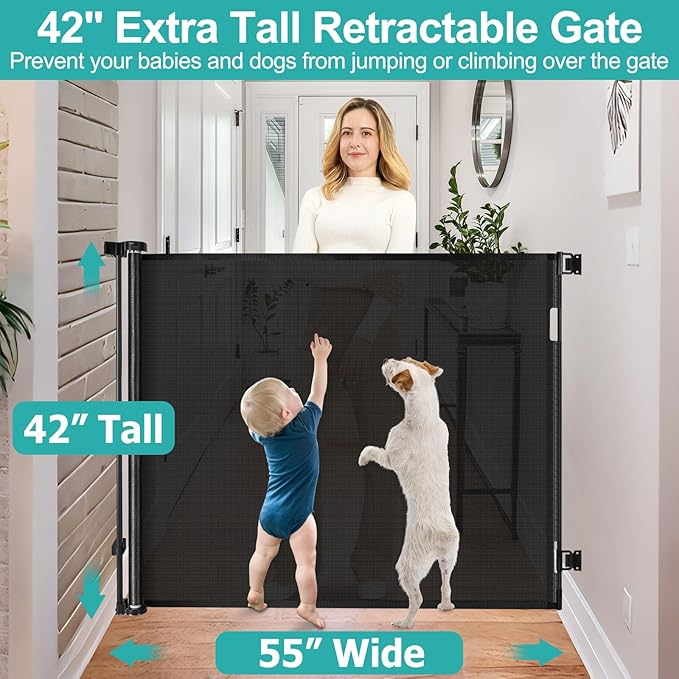 42 Inch Extra Tall Dog Gate Indoor 55” Wide Puppy Gates for The House Prevent Kids/Pets from Jumping Over Retractable Extra Tall Baby Gates for Doorways Retractable Outdoor Pet Gate for Stairs, Black