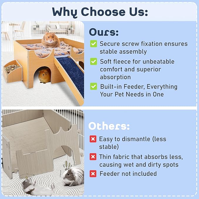 Guinea Pig Wooden Hideout with Built-in Feeder, Screw-Assembled Natural Wood Castle with Absorbent Fleece Mat, Ramp & Accessories, Cozy Safe Hideaway for Small Pets to Rest, Play & Explore