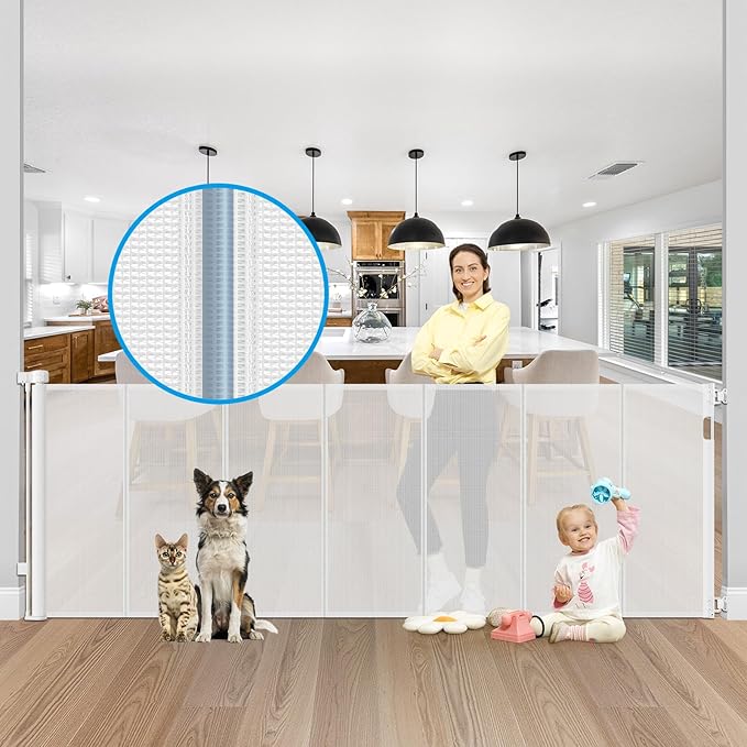 Reinforced 42" Extra Tall X 100" Extra Wide Baby Gate for Large Openings Stop Babies and Pets from Drilling Through Retractable Baby Gates Extra Tall Retractable Dog Gate No Sagging Retractable Gate