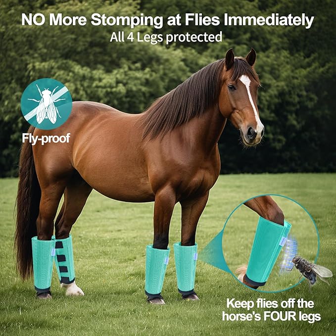 Mesh Horse Fly Boots Set of 4, Loose Fitting Leggings for Horses, Reduce Stressful Stomping, Breathable Adjustable and Universal Fit for 4 Legs, Reliable Stay Put (Mint)