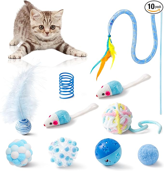 MALLMALL6 Cat Toy Set Interactive Cat Toys 10Pcs Pack Including Cat Springs Feather Teaser Wand Mice Crinkle Balls and Pet Bell Balls, Puzzle Interactive Pet Gift Pack Toys for Indoor Kitten (Blue) by MALLMALL6