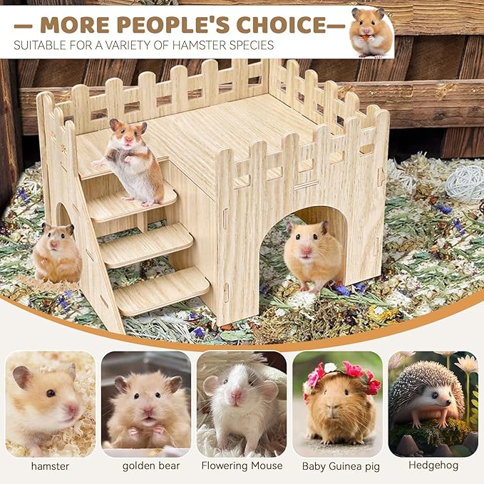 Wooden Hamster Hideout, Hamster Houses and Hideouts with Climbing Ladder, Hamster Maze Hamster Accessories for Bigger Syrian Hamsters and Small Animals