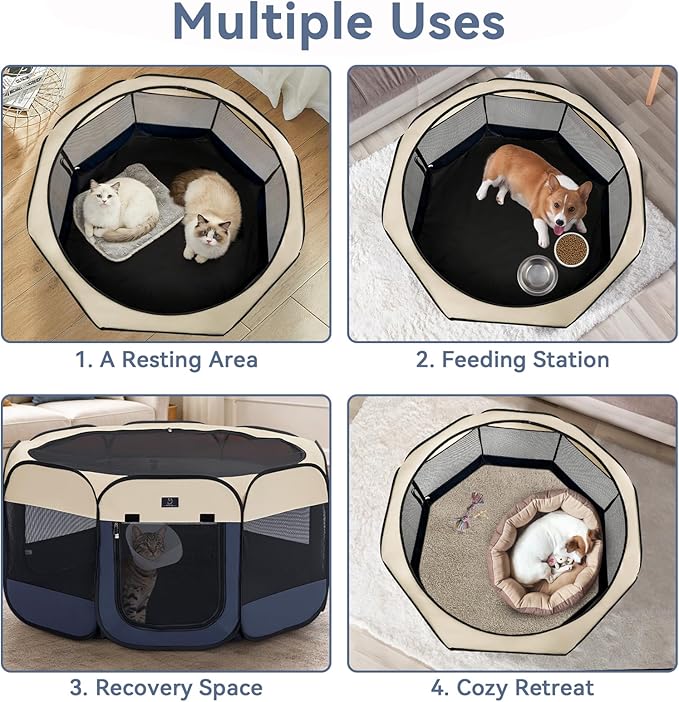 Dog Playpen for Small Dogs & Puppies, 29.92" Portable Indoor Outdoor Puppy Playpen with Bowl, Waterproof Floor, Foldable Pop-Up Pet Pen for Home, Travel & Daily Use, Blue+Beige