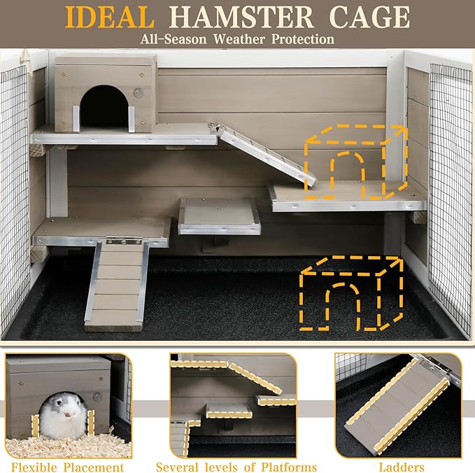 Ketive Wooden Hamster Cage Indoor with Stand and Storage Shelf, 3-Tier Small Animal Habitat with Clear Front Window, Openable Top, Anti-Chew Ramps, Hideout House, Deep Pull-Out Tray Guinea Pig cage