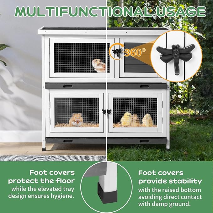 2 Story Rabbit Cage/Guinea Pig Cages,32.7”H Solid Wood Bunny Cage with Pull-Out Trays Waterproof Roof, Indoor Outdoor Rabbit Hutch Guinea Pig Cage Pet House for Small Animals