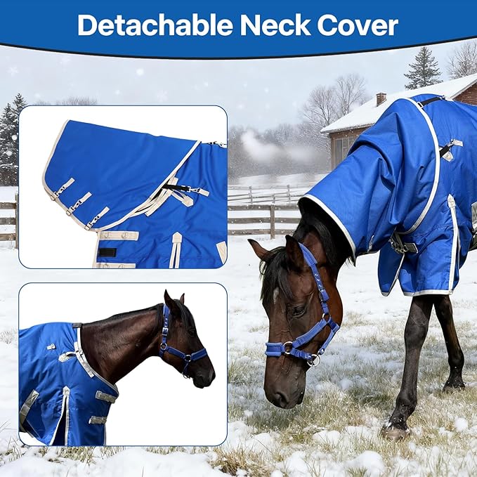 Horse Blanket, 1200D Water Resistant Winter Turnout Blanket, Winter Horse Blanket with Neck Cover and Belly Wrap Medium Weight with 220-Gram Polyester Poly Filling Liner,(135cm-72inch, Blue)
