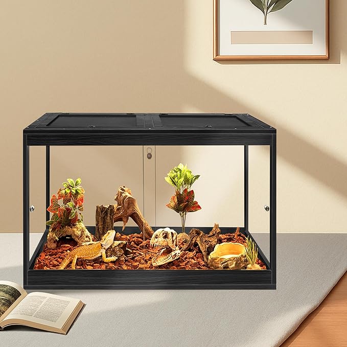 PROLEE Reptile Tank, 31 Gallon Beard Dragon Tank, Tempered Glass Reptile Encloure and Snake Tank with Locking Design for Lizard,Gecko,Chameleon (24"X15.5"X15.5",Black)
