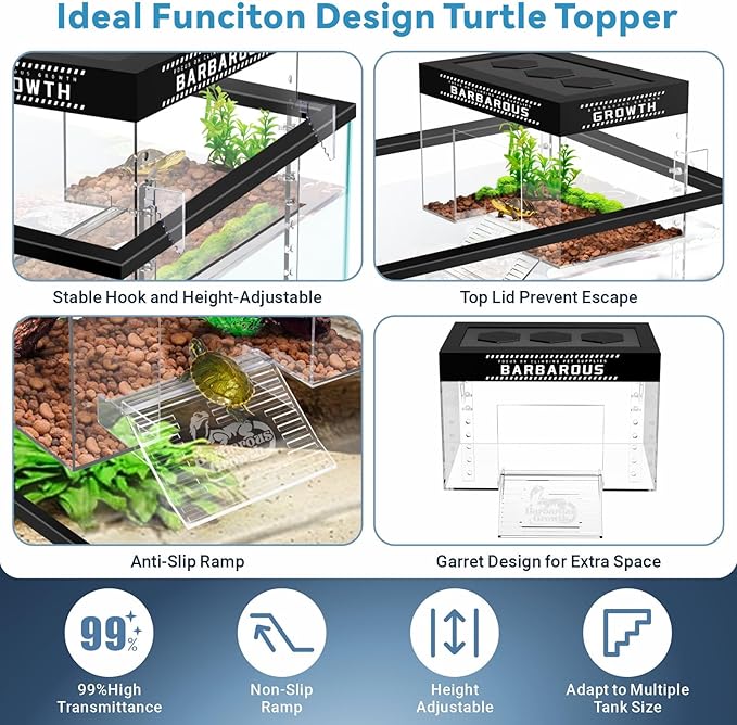 GOZILLA Adjustable Turtle Basking Platform, 9.8x6.3x6.3''Acrylic Turtle Topper & Dock, Hanging Platform Enclosure Warm Room for Turtles, Small Reptiles(Medium)