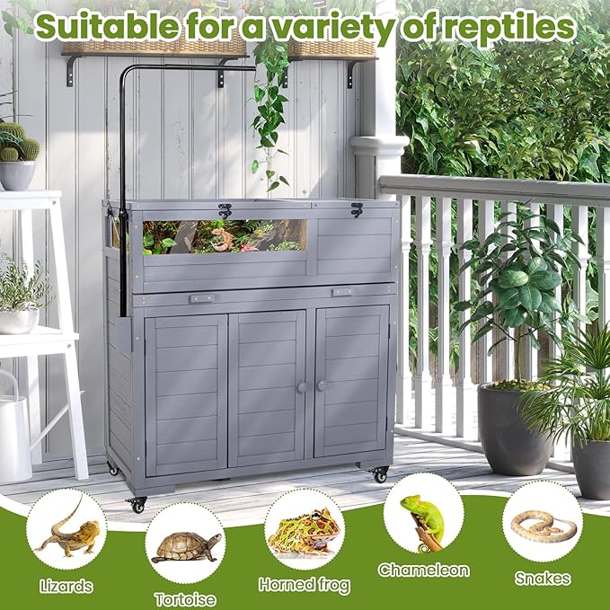 Agitree Premium Reptile Habitat Enclosure for Tortoises, Lizards, and Snakes - Adjustable Lighting, 360° Wheels, Easy-Clean Design, and Secure Ventilation-（Light Gray