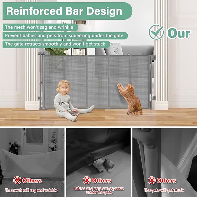 Reinforced 26 Inch Tall Retractable Child Gate to Step Over 55" Wide Small Retractable Baby Gates for Stair Retractable Dog Gate Short Mesh Dog Gate Retractable Toddler Gates for Doorways Doggy Gate