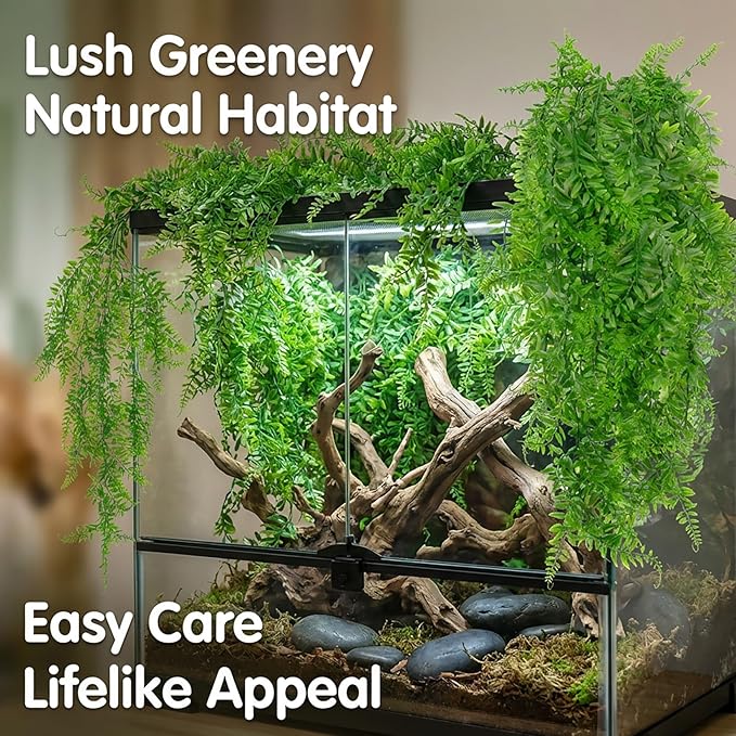 RAINFLOW 2PCS Reptile Plants for Terrarium - Fake Hanging Terrarium Plants, Artificial Boston Fern for Bearded Dragon Snake Geckos Hermit Crab Lizard Chameleon Turtle Reptile Decor(L30 xW5.1)