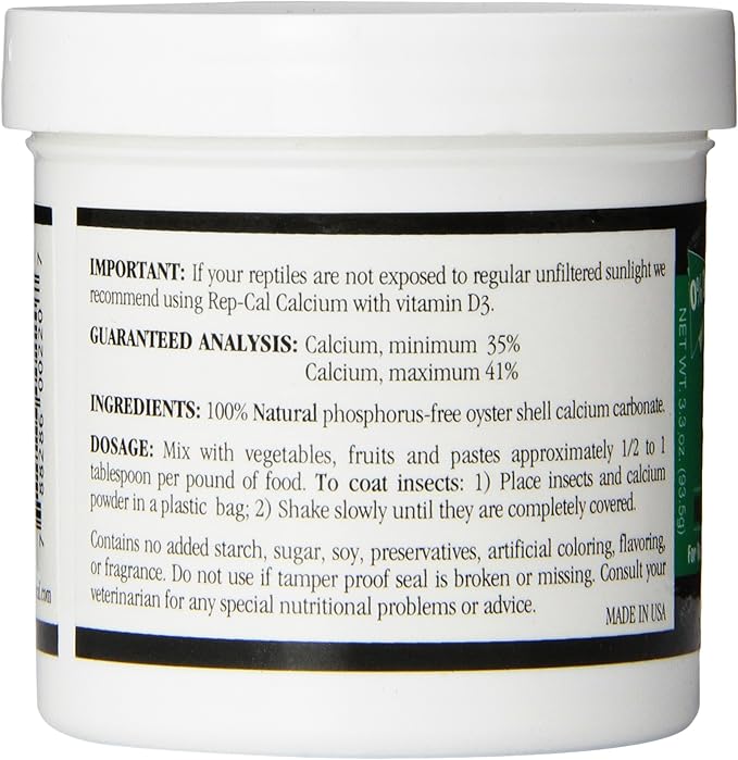 Rep-Cal 52298 Phosphorous-Free Calcium Powder Reptile/Amphibian Supplement Without Vitamin D3, 4.1 oz,White (Pack of 2)