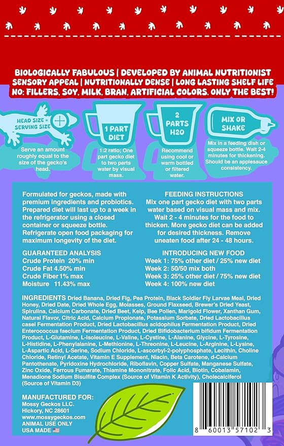 Complete Gecko Diet for Fruit and Insect Eating Geckos, 2 oz & 16 oz, with Human-Grade Dried Fruit, Probiotics and Vitamins (2 oz, Fig Date Night - Fig, Date & Banana)