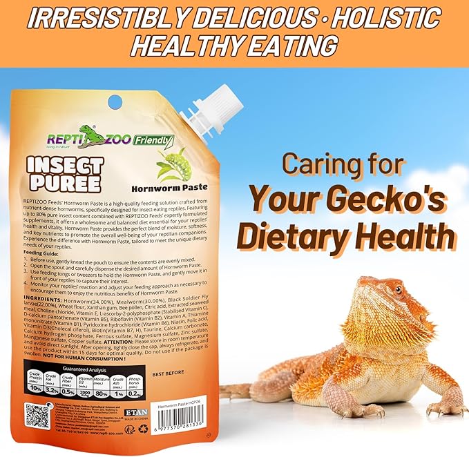 Crested Gecko Food Insect Puree, Hornworm Paste Reptile Food Made with Fresh Insects Gecko Food Complete Diet 2.82oz
