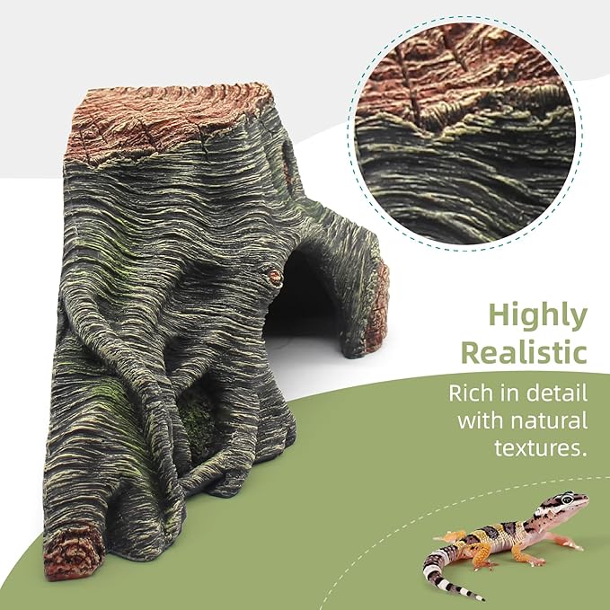 Reptile Hideouts Cave Habitat Decor, Hollow Tree Climing Ramp Basking Platform for Reptiles, Amphibians, Fish Tanks and Leopard Gecko, Snake, Lizard