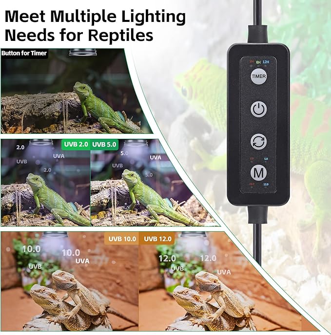 UVB Light for Reptiles with Dimming, LED UVB Light Bulb Fixture for Bearded Dragon Gecko Lizard Turtle Snake, Adjustable Brightness UVA UVB Lamp for Tropical & Desert Reptile Tank Accessories 6W Grey