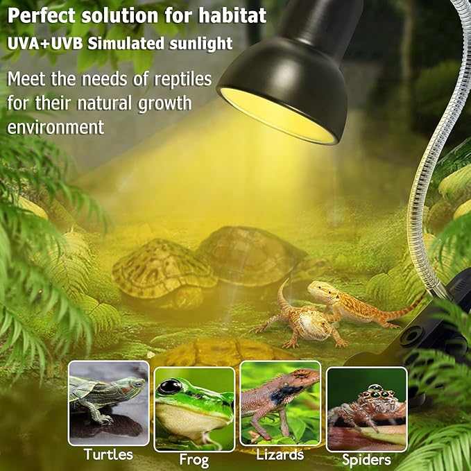 Reptile Heat Lamp, UVA UVB Reptile Light Basking Spot Lamp, Turtle Aquarium Tank Heating Lamps Holder & Switch Fixture for Aquatic Turtles Tortoise Snake Lizards Terrarium Amphibian with 3 Heat Bulbs
