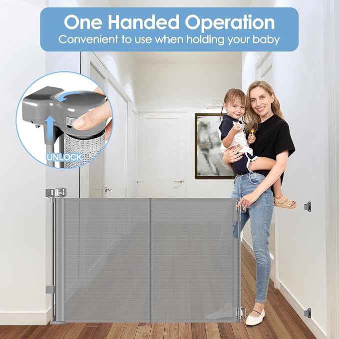 Reinforced Retractable Baby Gates with Support Rods, Retractable Gate for Babies and Pets Prevent Bottom Crawling Through, Extends up to 55” Wide, Mesh Dog Gate for The House Indoor Outdoor, Gray
