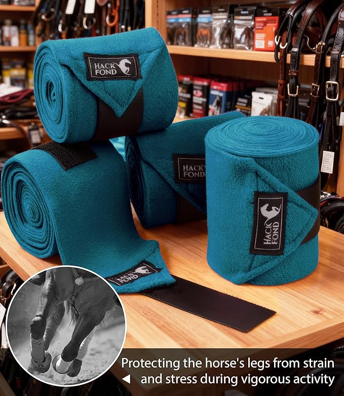 Fleece Horse Polo Leg Wraps Set of 4, 10' Horse Leg Bandages Stable Supplies Equestrian Boots Peacock Blue