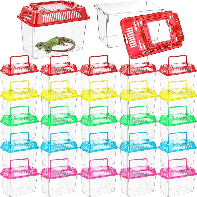 LemonRoad 25 Pcs Plastic Reptile Terrariums Carrier Cage Enclosure Snake Breeding Box Hatching Container Fish Tank with Ventilated Lid for Tarantula Spider Turtle Hermit Crab Lizard (5.9x4.3x3.7 Inch)