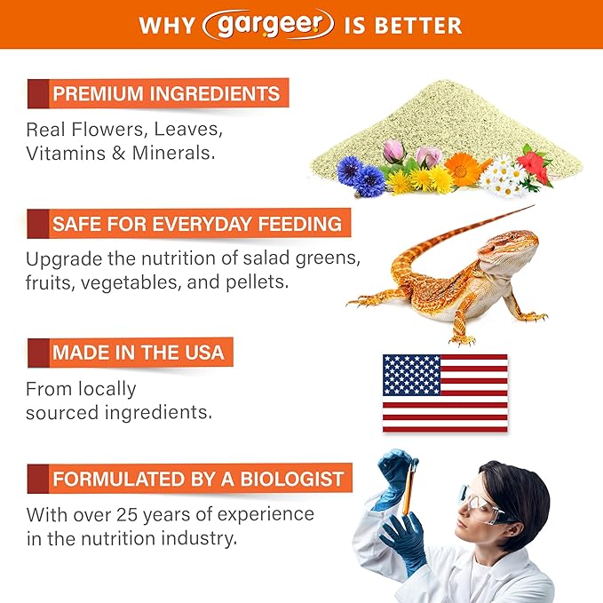 Gargeer 2oz Bearded Dragon Food Supplement, Flower Salad Mix Topper. Supercharge Juveniles & Adults Appetite, Health & Immune System. Complete Diet, Rich with Vitamins, Made in The USA. Enjoy!