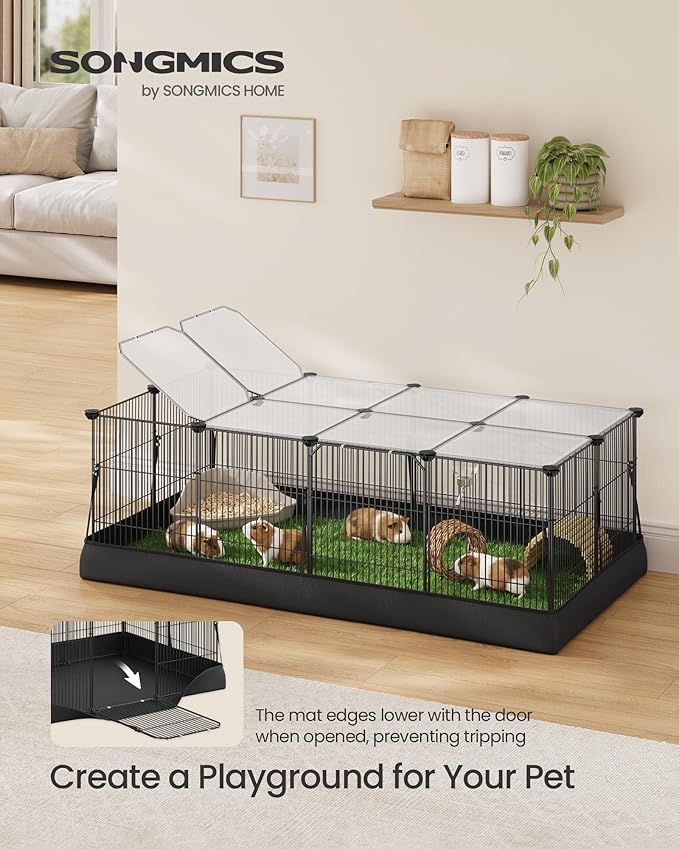 SONGMICS Guinea Pig Cage, Rabbit Cage, Small Animal Playpen with Waterproof Mat, Top and Side Door, 20 Panels, 48.4 x 24.8 x 16.3 Inches, Ink Black ULPI011BH01