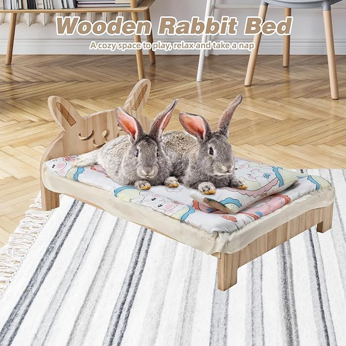 Upgrade Large Wooden Bunny Bed with Pillow and Mat, 2 in 1 Folding Pet Bed for Rabbit Guinea Pig Hamster Ferret Chinchilla Kitten Bunny Sleeping Habitat, Detachable Wood Small Animal Bed