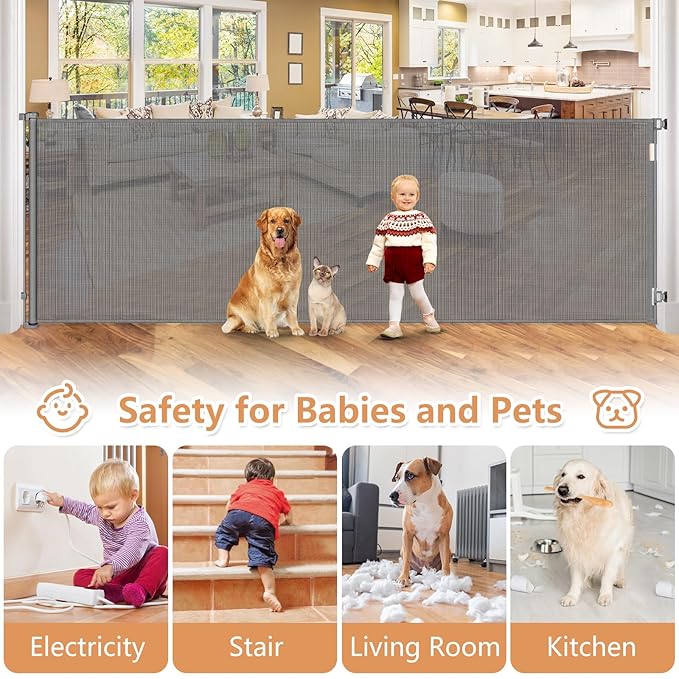 48” Tall 145” Wide Baby Gates for Large Openings Retractable Baby Gates for Doorways Extra Wide Pet Gate Indoor Gate Outdoor Dog Gate for Deck Mesh Baby Gate Retractable Gate Extra Tall Baby Gate Gray