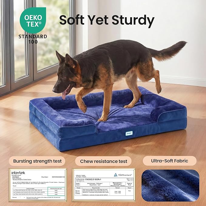 OhGeni Orthopedic Dog Bed Couch Big Cat Sofa for Extra Large Sized Pets with Memory Foam, Machine-Washable Waterproof Removable Cover, Soft Comfortable Fabric, 44-inch (Blue)
