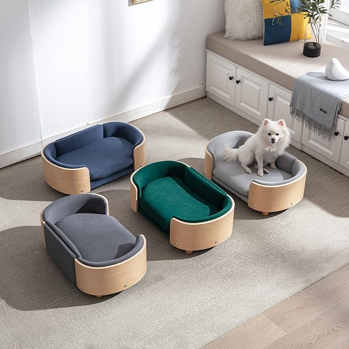Elevated Dog Bed Pet Sofa with Solid Wood Legs and Bent Soft Backrest, Pet Cat Stool Bed with Velvet Cushion,for Small and Medium Size Dogs Kitten, Dark Gray, Small Size