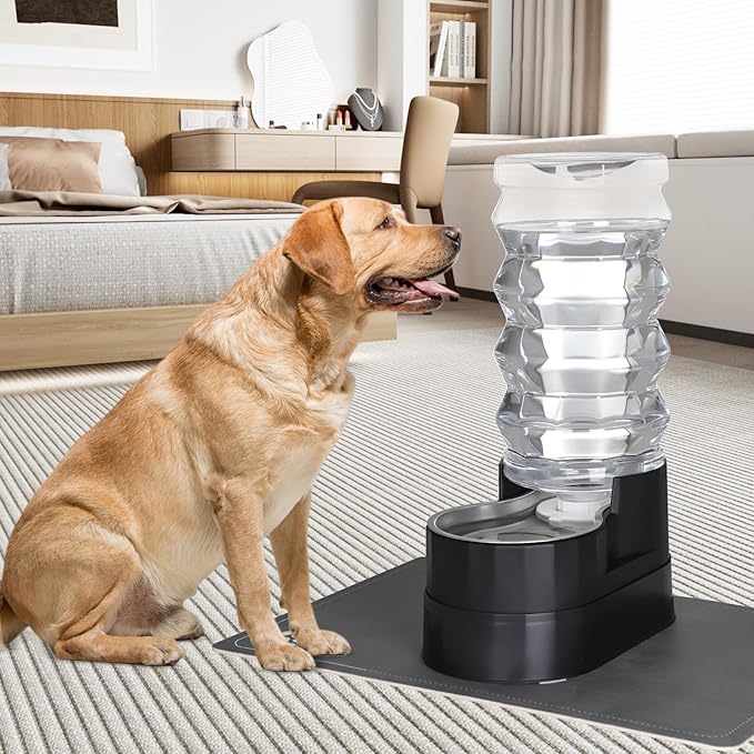 RIZZARI Automatic Dog Water Dispenser: Ion Exchange System with Activated Carbon-Removes Odors-Supports Elderly Dogs’ Spine Health -Spill-Resistant 9L Black Gravity-2 Extra Filters & 2 Bottle Caps
