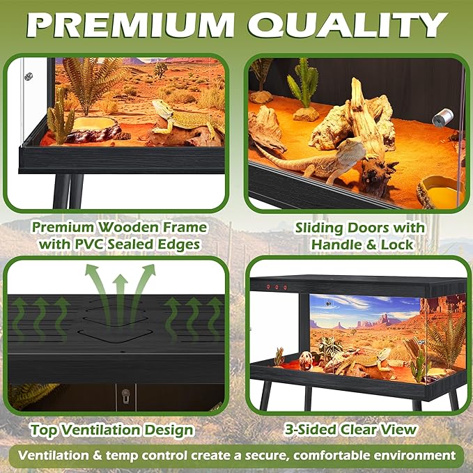 Royxen Bearded Dragon Tank, 65 Gallon Reptile Tank with Leg Stand,Built-in Lighting Reptile Enclosure, Tempered Glass Bearded Dragon Encloure for Chameleon (Black,40"x 20"x 20")