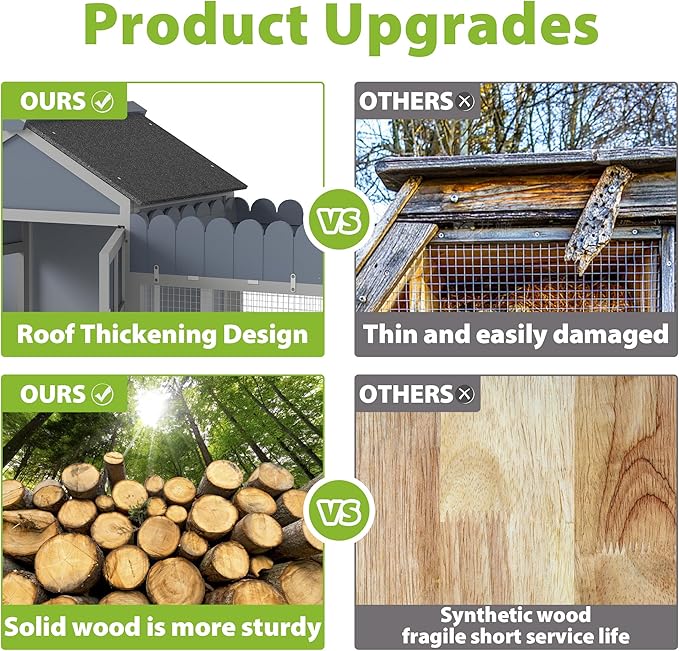 COZIWOW Outdoor Chicken Coop, Wooden Hen House with Nesting Box, Run, Resting Room, Ramp, Pull-Out Tray, Weatherproof, Patio Garden Pen Hutch for Ducks Poultry Pets, Easy to Clean, Gray (Plant Fence)