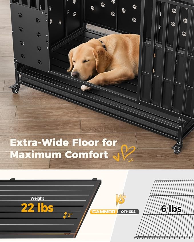 Cammoo 48'' Heavy Duty Dog Crate for Large Dogs, – Upgraded Chew-Proof Panels, Comfort-Widened Floor Panel, Dog Kennel Indoor, Adjustable Internal Height, Easy-Access Wide Door, 4 Lockable Wheels
