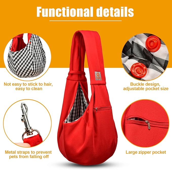 Tomkas Small Dog Sling Carrier - Zipper Pocket & Adjustable Strap & Zip Pocket - for 3-10 lbs Pets (Red, M - Zipper Pocket & Classic Strap)