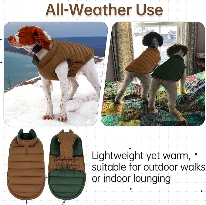 Lelepet Reversible Dog Coat Waterproof Dog Jacket Windproof Puffer Vest for Winter Warm Lightweight Coats for Large Dogs Adjustbale Hook & Loop Pet Apparel with Leash Hole, Pitbull, Brown, XL