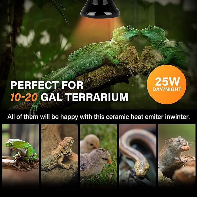 Simple Deluxe 25W/40W/50W/150W/250W Ceramic Heat Emitter Reptile Heat Lamp Bulb No Light Emitting Brooder Coop Heater for Amphibian Pet & Incubating Chicken, 25W(Mini), Black/2-Pack