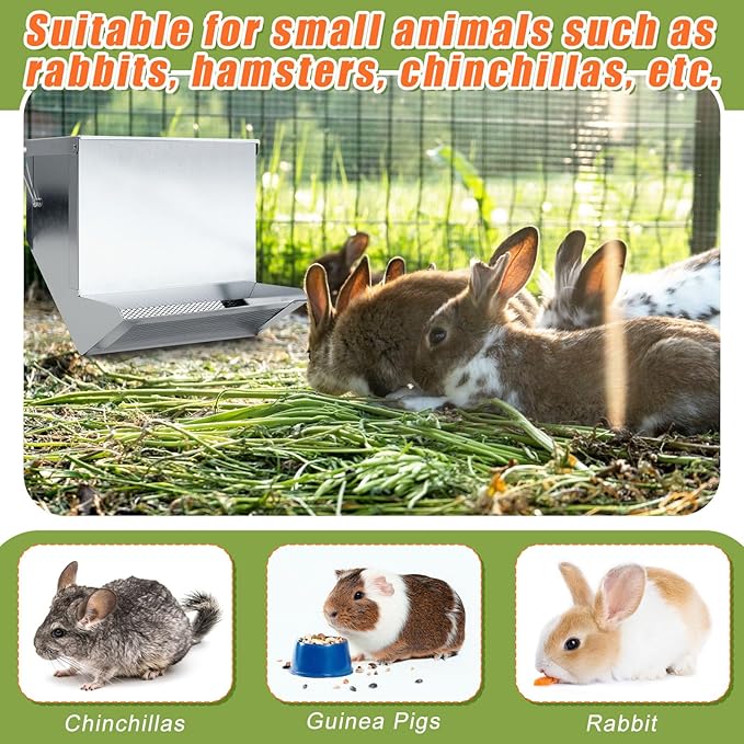 Maxcheck 2 Pcs Rabbit Feeder for Cages Small Animal Food Pellet Dispenser with Lid Metal Chicken Grit Oyster Shell Squirrel Feeders Outside(7.7 Inches,Mesh Bottom,Silver)