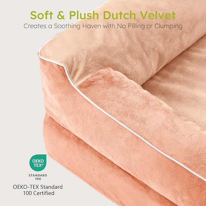 CWAWZ Jumbo Dog Bed for Extra Large Dogs, Orthopedic Dog Bed with Cooling Gel Memory Foam, Waterproof Pet Bed with Removable Washable Cover, 45" Pet Sofa Couch Dutch Velvet with Bone Toy, Peach Pink