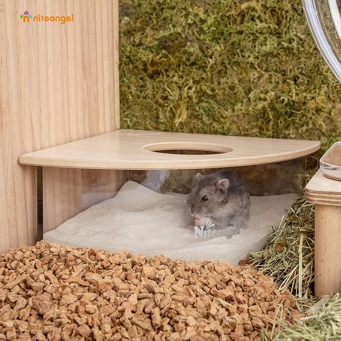 Niteangel Animal Sand-Bath Box: - Acrylic Critter's Sand Bath Shower Room & Digging Sand Container for Hamsters Mice Lemming Gerbils or Other Small Pets (Triangle, Burlywood)